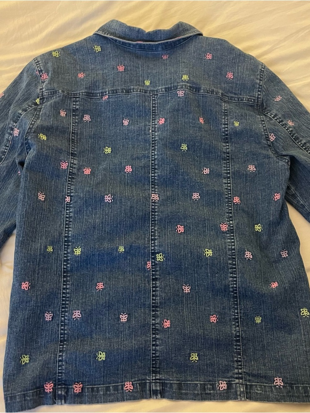 Denim Jacket with Pink Trim and Multicolor Butterfly Embroidery - Picture 6 of 8